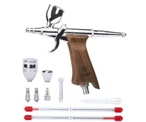 Bucasso Airbrush Kit, Air Brush Spray Gun with 0.3mm/0.5mm/0.8mm Needles/Nozzle Sets, 3cc/7cc/11cc Replaceable Fluid Cup for Painting Model Nails Cake Tattoo Makeup (Walnut01)