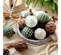 Bucherry 12 Pcs Neutral Textured Christmas Ball Ornaments 2.4 Inch Vintage Rustic Christmas Tree Decorations Farmhouse Distressed Xmas Hanging Ornaments for Tree Home Indoor Decor(Green and Brown)