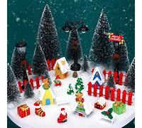 Bucherry 39 Pcs Christmas Village Figurines Sets Christmas Miniature Ornaments Christmas Scene Desktop Ornaments Mini Garden Accessories Bottle Brush Trees with Santa Snowmen Reindeer Xmas Tree Decor