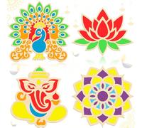 Bucherry 4 Pcs Diwali DIY Floral Rangoli Mat Wooden Rangoli Template Mandala Lotus Elephant Peacock Stencils Boards Indian Diwali Decorations for Home Indian Traditional Festival New Year Decor
