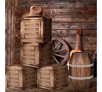 Bucherry 6 Set Western Cowboy Party Decorations 4 Pcs 11.8'' Wood Grain Boxes 2 Pcs 15.75'' Wine Barrel Boxes for Wild West Party Decor Western Photo Booth Props Vintage Rustic Farmhouse Pirate Decor