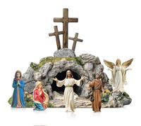 Bucherry 7 Pcs Easter Resurrection Scene Set Religious Wooden Easter Cross Shaped Table Decoration Jesus Nun Statue Centerpieces Christian Figurines Empty Tomb Easter Scene for Home Easter Gift