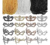 Bucherry 88 Pcs Masquerade Masks Beads Necklace Set Vintage Venetian Mask Metallic Beaded Necklace for Carnival Cosplay Prop(Lace,Retro Style)