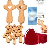 Bucherry Olive Wood Cross My Heart Small Pocket Crosses with Cotton Linen Bags and Prayer Cards 2.36 Inch Caring Jesus Holding Hand Crosses Bulk for Baptism First Communion Gifts(10 Set)