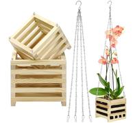 Bucherry Wooden Hanger Orchid Basket 6 Inches with Hangers Rustic Wood Hanging Orchid Planter Square Basket for Indoor or Outdoor Flower Planter with 20 Inches Hanger Chain(2 Sets,6 Inch, 8 Inch)