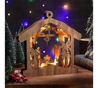 Bucherry Wooden Nativity Scene Set Christmas Nativity Scene Tabletop Set Christmas Ornament Christian Religious Rustic Decorations with LED Light for Shelves Tables Decorations Indoor Decor(Hut)