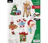 FolkArt, North Pole This Way, Bucilla Felt Applique 6 Piece Ornament Making Kit, Perfect for DIY Arts and Crafts, 89743E