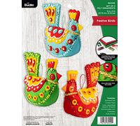Bucilla Felt Applique Christmas Ornament Kit, Festive Birds Set of 3 Felt Applique Ornament Making Kit, Holiday Craft Supplies for DIY Needlepoint Arts and Crafts, 89449E