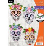 Bucilla, Floral Sugar Skulls, Felt Applique 4 Piece Ornament Making Kit, Perfect for DIY Arts and Crafts, 89726E