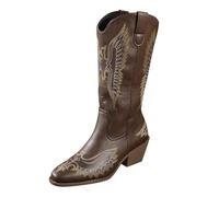 Buck Boots Women’s Cowboy Boots Slip-on Half-Height Leather Comfortable Chunky Heel Side Buckle with Zip Snow Brown