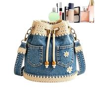 Bucket Bag Retro Boho Crochet Trim Daisy Embroidery Drawstring