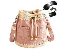 Bucket Bags for Women Drawstring Daisy Embroidery Retro Boho