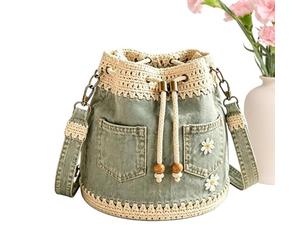 Bucket Bags for Women Drawstring Daisy Embroidery Retro Boho