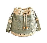 Bucket Bags for Women Retro Boho Crochet Trim Daisy Embroidery Drawstring