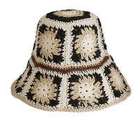 Bucket Hat,Elegant Flower Fisherman Hat Basin Hat Handmade Crochet Straw Bucket Hat for Casual Birthday Festival, Black Rice, One size