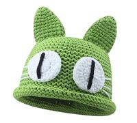 Bucket Hat for Women Men Handmade Crochet Cat Ear Beanie Cute Big Eye Cat Knit Hats Colorful Headwear Daily Gift Warm Winter, Green, One Size