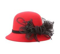 Bucket Hat,Handmade Bucket Hat Flower Decorated for Tea Party for Girls Women Miss Bowler Hat with Flower Tulle, Red, One size