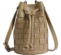 Bucket Purses for Women Mini Leather Woven Bucket Bag(Khaki)