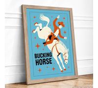 Bucking Horse Rodeo Retro Framed Wall Art Print A1 (84.1×59.4cm) Oak, Wall Decor for Living Room, Bedroom, Office & Home, Ready to Hang, Art Gift