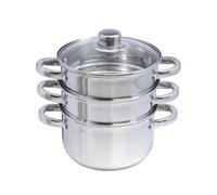 Buckingham 3 Tier Premier Steamer Set with Glass Lid Polished Mirror Finish Stainless Steel Ideal for Steamer Cooking Induction Compatible 18 Cm