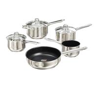 Buckingham 5 Piece Pan Set Stainless Steel Saucepans 2, 2.8, 3.8 litres with Tempered Glass Lid Non-Stick Coating Frying Pan 3.2 litres & Milk Pan 1.3 litres Induction Hob Compatible Kitchen Set