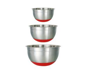 Buckingham Designer Set Of 3 Stainless Steel Salad Mixing Bowls Silicon Base, Silver Red