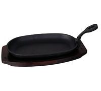 Buckingham Pre-Seasoned Cast Iron Sizzler Serving Dish/Steak Platter with Wooden Stand, Wood, Black, 24 cm x 14 cm