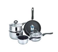 Buckingham Premium 5 Piece Pan Set Glass Lid Saucepan Non Stick Frying Pan Milk Pan Casserole Cookware Set with Bakelite Handle Stainless Steel