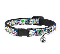Buckle-Down 90s Grid Pattern Multi Color, Breakaway Cat Collar with Bell, Plastic Clip, Adjustable, 8.5 to 12"-0.5" Wide