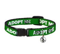 Buckle-Down Adopt Me Green White, Breakaway Cat Collar with Bell, Plastic Clip, Easy Adjustable, 8.5 to 12"-0.5" Wide
