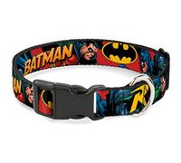 Buckle-Down "Batman & Robin in Action with Text" Plastic Clip Collar, Burgundy, 1" Wide-Fits 15-26" Neck-Large