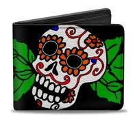 Buckle-Down Bi-Fold Wallet, Sugar Skull with Roses and Heart
