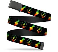Buckle-Down Boys Web Belt Grateful Dead 1.5", Steal Your Face W/Lightning Bolt Repeat Black/Rasta, Wide-Fits up to 42" Pant Size