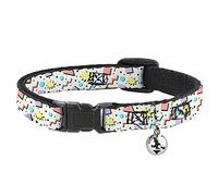 Buckle-Down Breakaway Cat Collar with Bell, 90s Nineties Grid Pattern Gray Multi Pastel, 8.5 to 12 Inches Length x 0.5 Inch Wide