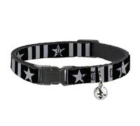 Buckle-Down Breakaway Cat Collar with Bell, Easy Adjustable, Star and Three Stripes Black Gray, 8.5 to 12 Inches 0.5 Inch Wide