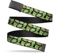 Buckle-Down Canvas Web Belt Plain Clamp Buckle Rick and Morty Portal Multi Character Scattered Black Green Mens Womens Kids, Rick and Morty, 1.5" Wide - Fits up to Pant Size 42