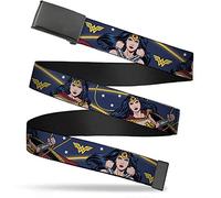 Buckle-Down Canvas Web Belt Plain Clamp Buckle Wonder Woman 3 Poses Logo Stars Blue Yellow White Mens Womens Kids, Wonder Woman, 1.25" Wide - Fits up to Pant Size 42
