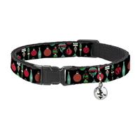 Buckle-Down Cat Collar, Breakaway Collar with Bell, Christmas Holiday Finial Bauble Ornaments Black Reds Greens, 8.5 to 12 Inches 0.5 Inch Wide