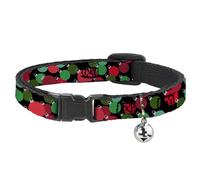 Buckle-Down Cat Collar, Breakaway Collar with Bell, Christmas Holiday Globe Ball Ornaments Black Reds Greens, 8.5 to 12 Inches 0.5 Inch Wide