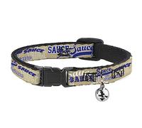 Buckle-Down Cat Collar, Breakaway Collar with Bell, Sauce Typography Collage Tan White Blue, 8.5 to 12 Inches 0.5 Inch Wide