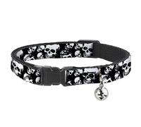 Buckle-Down Cat Collar, Breakaway Collar with Bell, Smiling Vivid Skulls Black White Grays, 8.5 to 12 Inches 0.5 Inch Wide