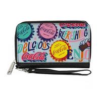 Buckle-Down Coca-Cola Wallet, Zip Around, Coca Cola Delicious Refreshing Bottle Caps Multi Color, Vegan Leather