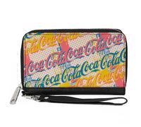 Buckle-Down Coca-Cola Wallet, Zip Around, Coca Cola Script Logo Stacked Pop Art White Multi Pastel, Vegan Leather