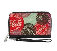 Buckle-Down Coca-Cola Wallet, Zip Around, Drink Coca Cola Coke Patches Stacked Multi Color, Vegan Leather