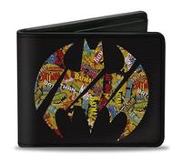 Buckle-Down DC Comics Bifold Wallet | Batman Bat Signal Black Multi Color Logos Stacked Billfold Credit Card and ID Slots Vegan Leather