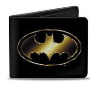 Buckle-Down DC Comics Bifold Wallet | Justice League Batman Bat Signal Logo Black Gold Billfold Credit Card and ID Slots Vegan Leather