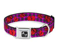 Buckle-Down DC-W30294-M Seatbelt Dog Collar, Medium, Broken Hearts & Roses w/Fuchsia Plaid