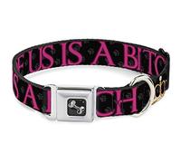 Buckle-Down DC-W31551-WL Seatbelt Dog Collar, Wide Large, ONE OF US IS A BITCH Crown/Paws Black/Gray/Pink