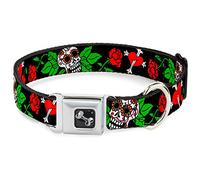 Buckle-Down DC-W31996-M Seatbelt Dog Collar, Medium, Sugar Skull w/Roses & Heart