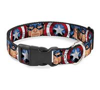 Buckle-Down Dog Collar Plastic Clip Captain America Face Turns Shield Close Up 16 to 23 Inches 1.5 Inch Wide
